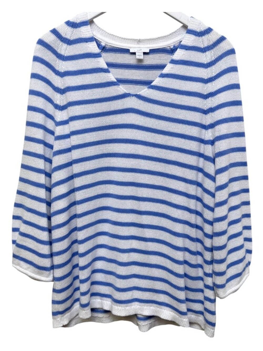 J. JILL Sweater Size Large White Blue Striped Cotton Nautical Preppy Beach